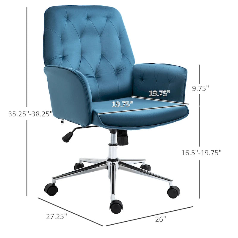 Vinsetto Modern Mid-Back Tufted Velvet Home Office Desk Chair with Arms, Swivel Adjustable Accent Chair with Soft Seat