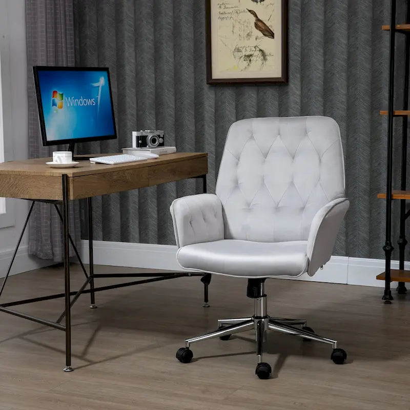 Vinsetto Modern Mid-Back Tufted Velvet Home Office Desk Chair with Arms, Swivel Adjustable Accent Chair with Soft Seat