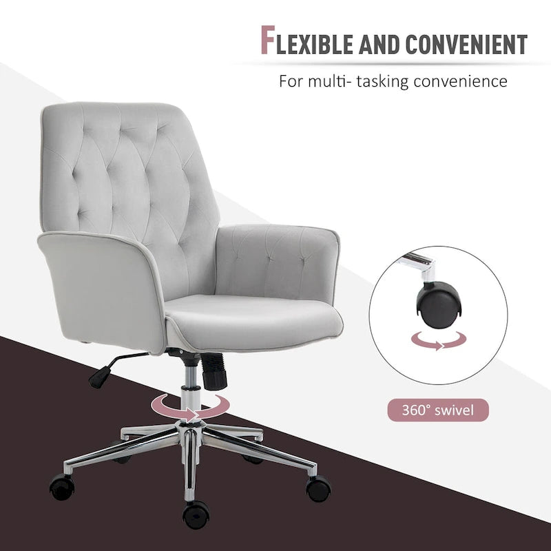 Vinsetto Modern Mid-Back Tufted Velvet Home Office Desk Chair with Arms, Swivel Adjustable Accent Chair with Soft Seat