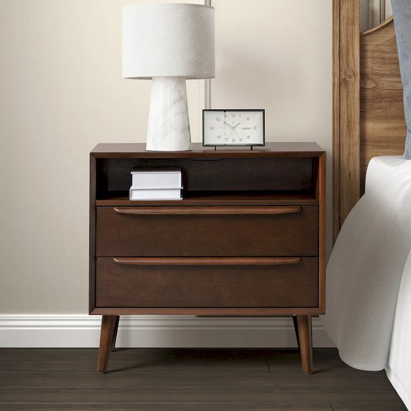 Mid-Century Nightstand - 2 Drawers - Open Shelf - Charging Station & USB