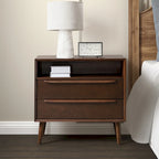 Mid-Century Nightstand - 2 Drawers - Open Shelf - Charging Station & USB