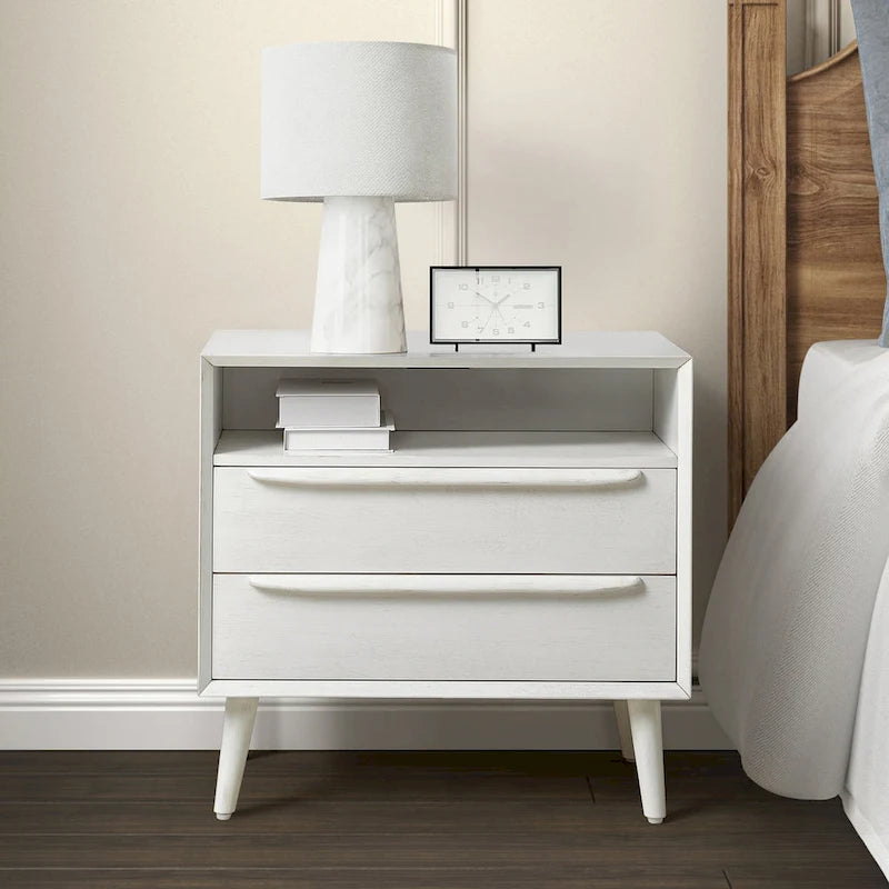 Mid-Century Nightstand - 2 Drawers - Open Shelf - Charging Station & USB
