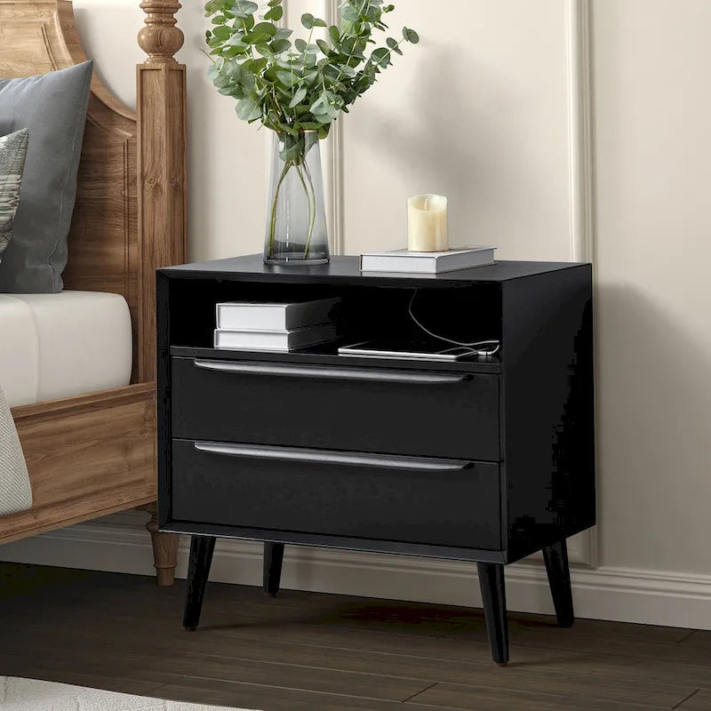 Mid-Century Nightstand - 2 Drawers - Open Shelf - Charging Station & USB