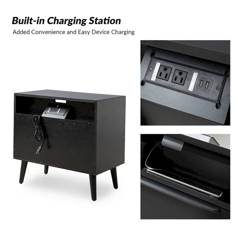 Mid-Century Nightstand - 2 Drawers - Open Shelf - Charging Station & USB
