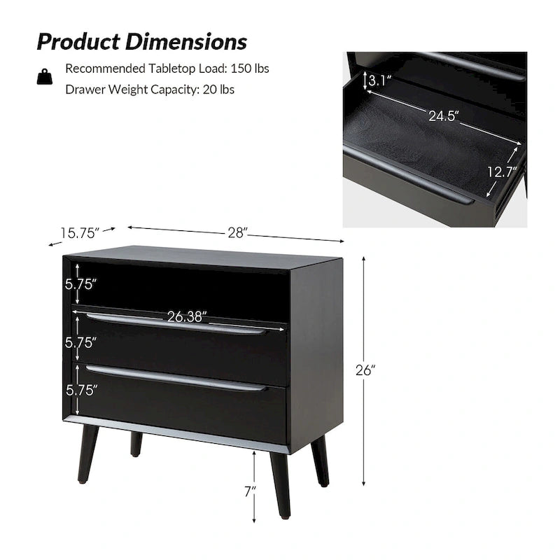 Mid-Century Nightstand - 2 Drawers - Open Shelf - Charging Station & USB