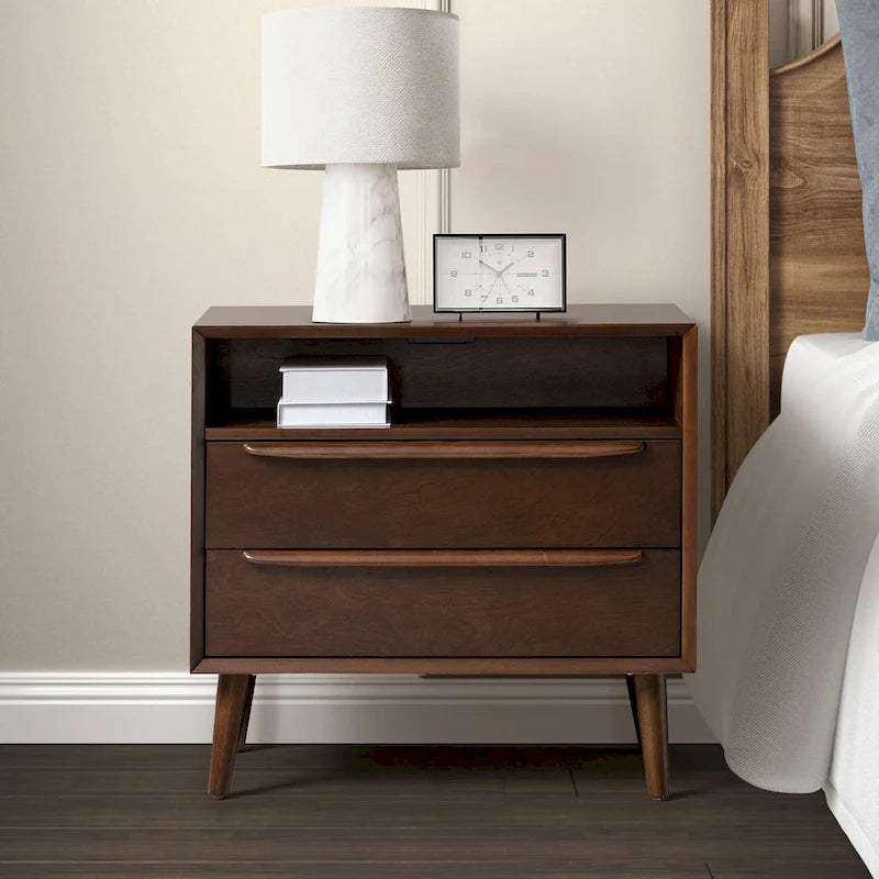 Mid-Century Nightstand - 2 Drawers - Open Shelf - Charging Station & USB