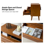 Mid-Century Nightstand - 2 Drawers - Open Shelf - Charging Station & USB