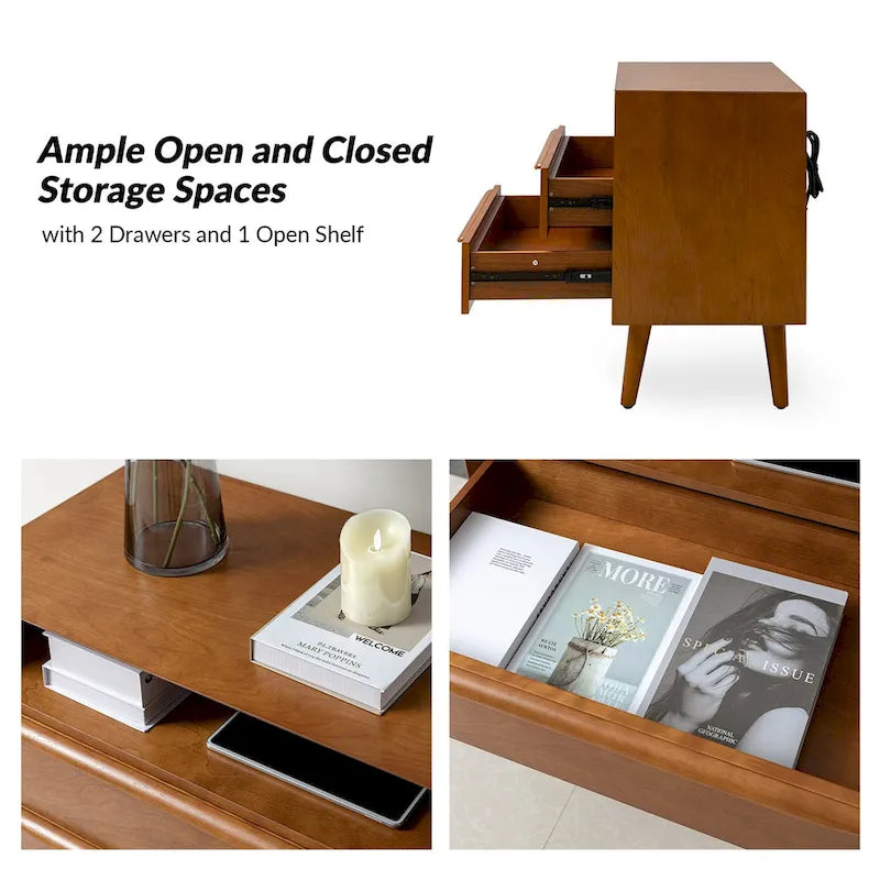 Mid-Century Nightstand - 2 Drawers - Open Shelf - Charging Station & USB