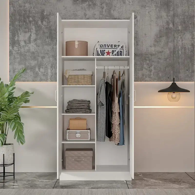 Kerrogee 5-Tier Wardrobe Armoire with 2-Door & Hanging Rod - 31.5L x 15.7W x 70.9H