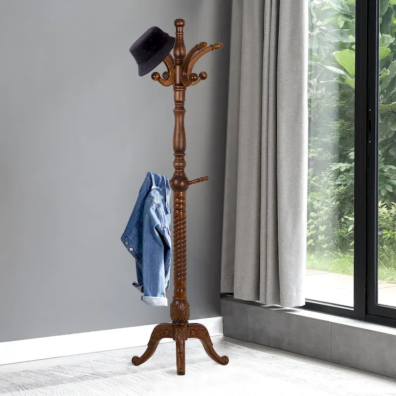 Creative Solid Ash Wood Freestanding Coat Rack with 8 Hooks