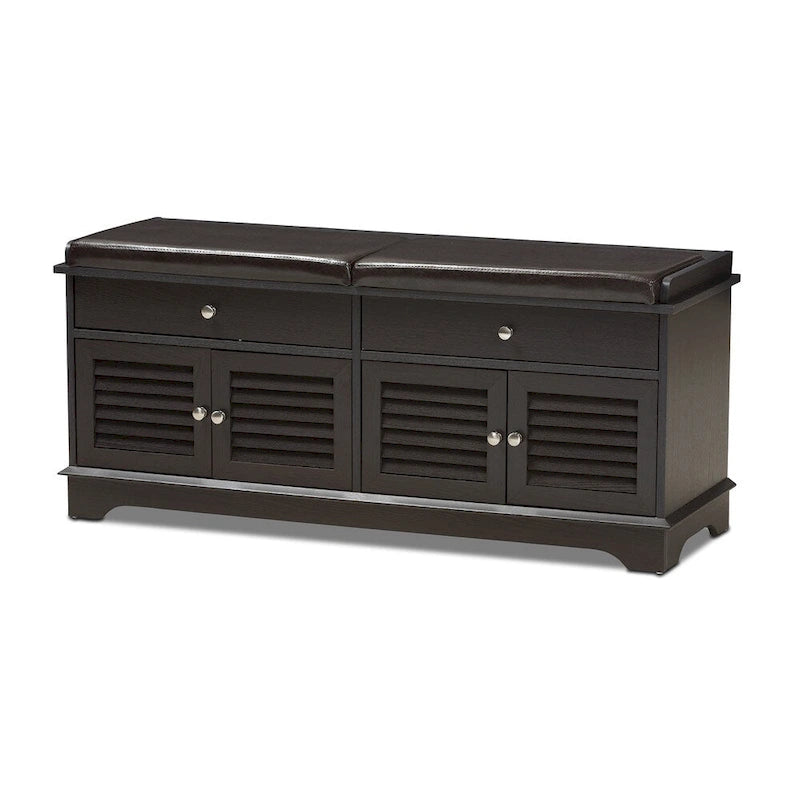 Dark Brown Double Drawer Shoe Storage Bench with Cushioned Seat