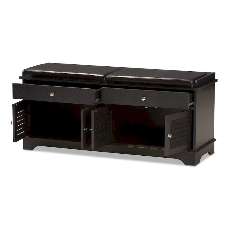 Dark Brown Double Drawer Shoe Storage Bench with Cushioned Seat
