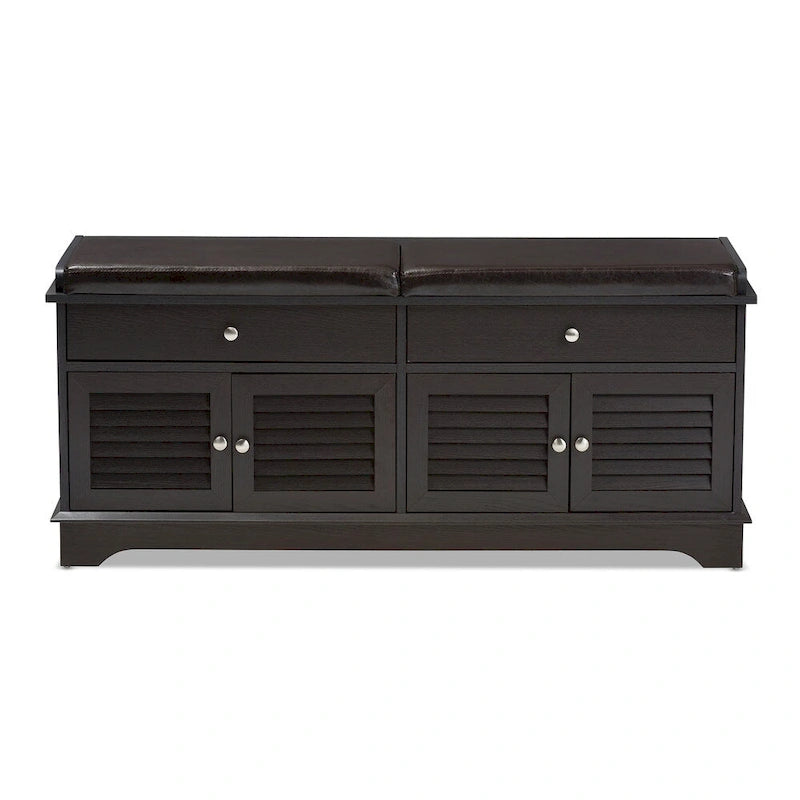 Dark Brown Double Drawer Shoe Storage Bench with Cushioned Seat