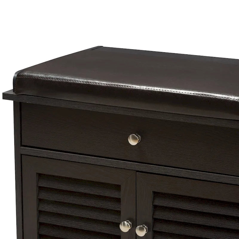 Dark Brown Double Drawer Shoe Storage Bench with Cushioned Seat