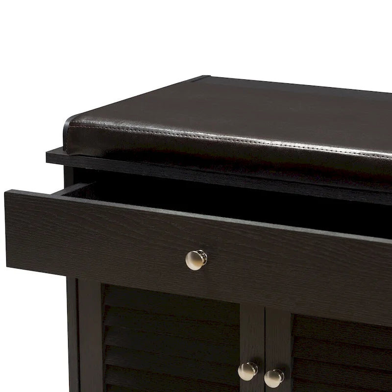 Dark Brown Double Drawer Shoe Storage Bench with Cushioned Seat