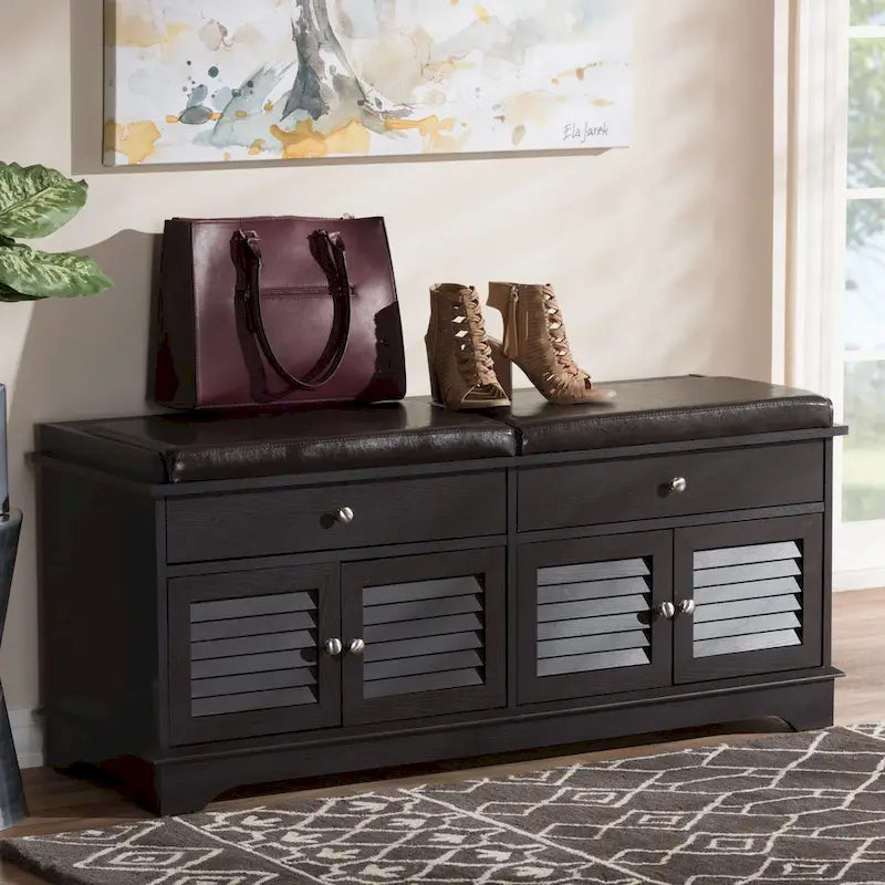 Dark Brown Double Drawer Shoe Storage Bench with Cushioned Seat