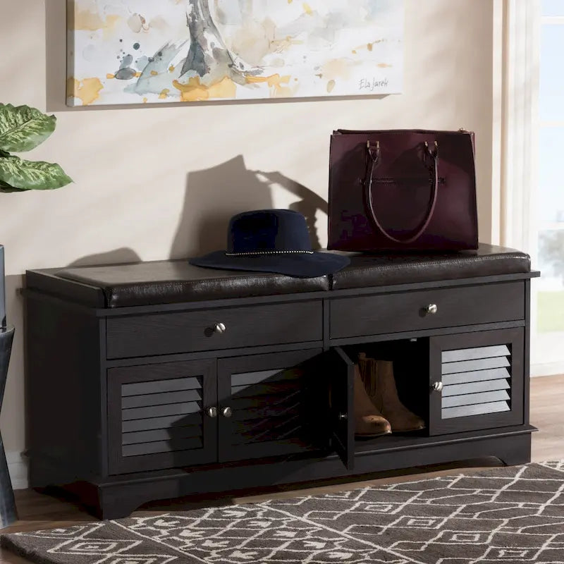 Dark Brown Double Drawer Shoe Storage Bench with Cushioned Seat
