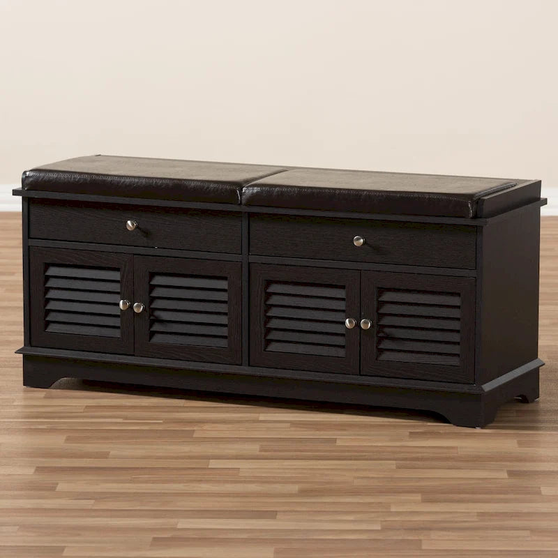 Dark Brown Double Drawer Shoe Storage Bench with Cushioned Seat