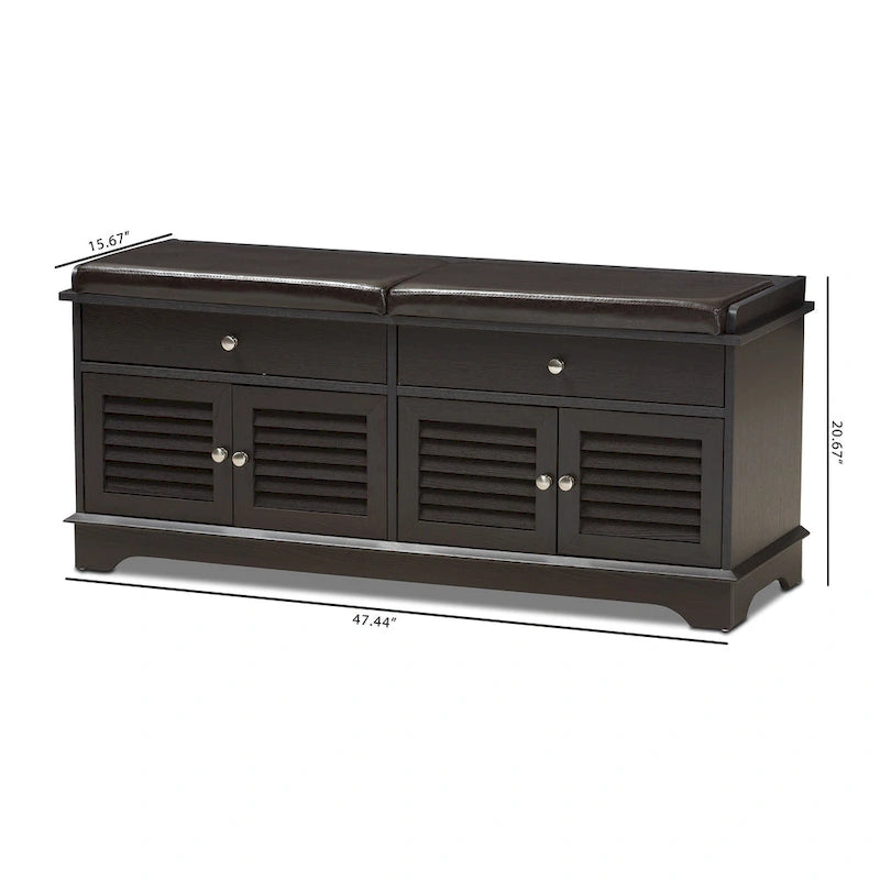 Dark Brown Double Drawer Shoe Storage Bench with Cushioned Seat