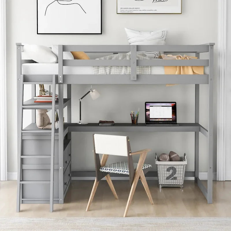 White Twin Loft Bed with Desk, Shelves and Drawers