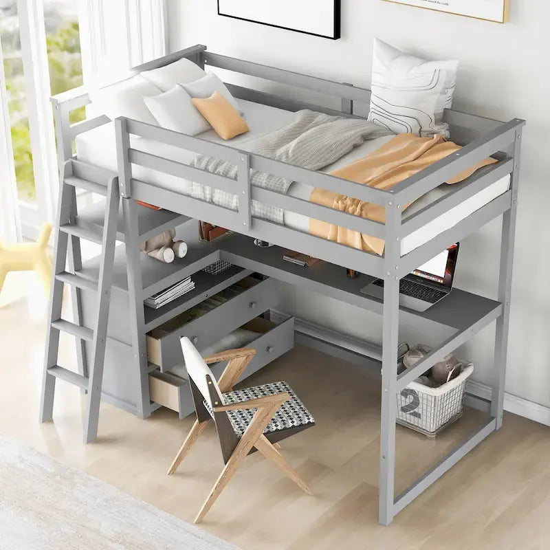 White Twin Loft Bed with Desk, Shelves and Drawers