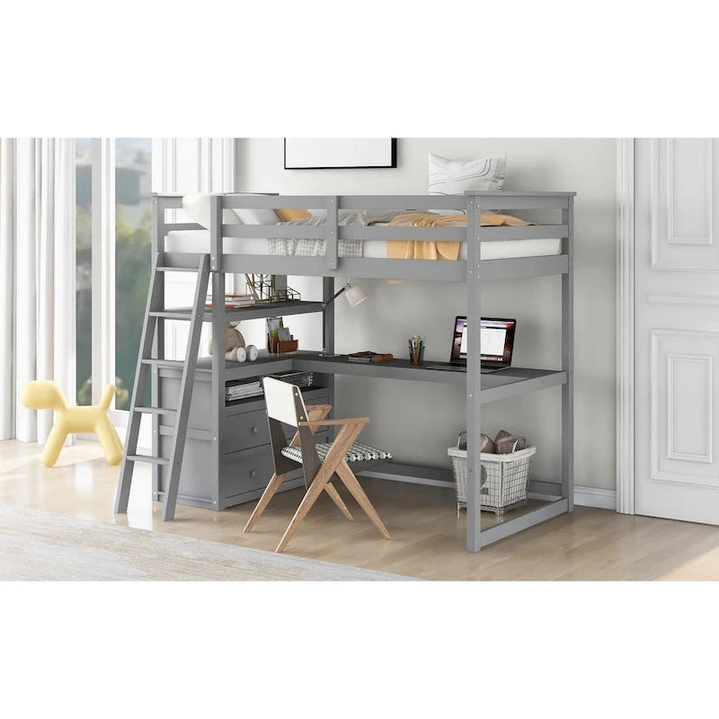 White Twin Loft Bed with Desk, Shelves and Drawers