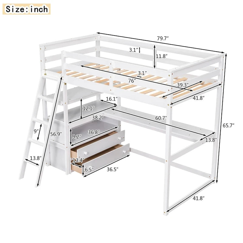 White Twin Loft Bed with Desk, Shelves and Drawers