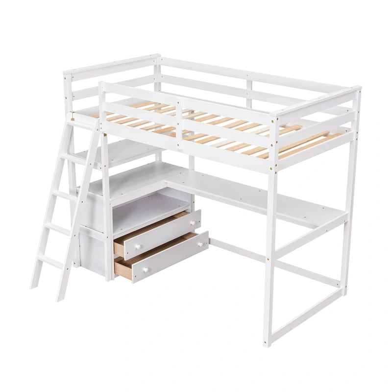 White Twin Loft Bed with Desk, Shelves and Drawers