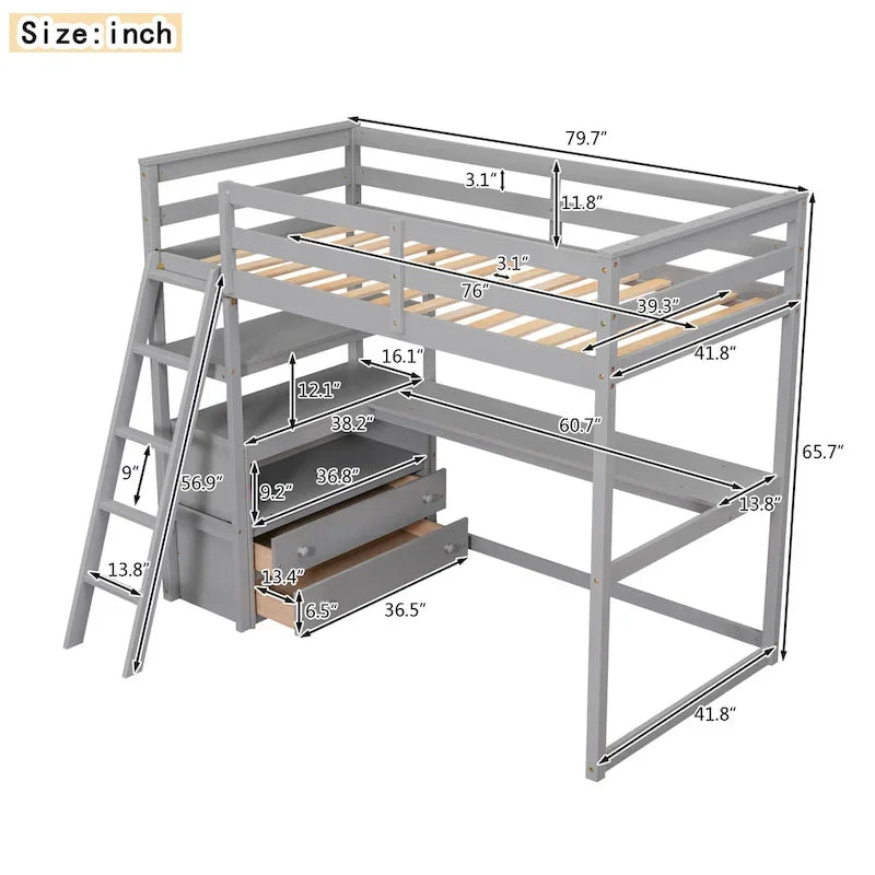 White Twin Loft Bed with Desk, Shelves and Drawers