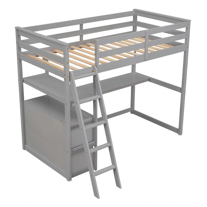 White Twin Loft Bed with Desk, Shelves and Drawers