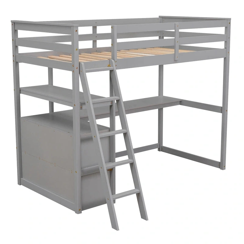 White Twin Loft Bed with Desk, Shelves and Drawers