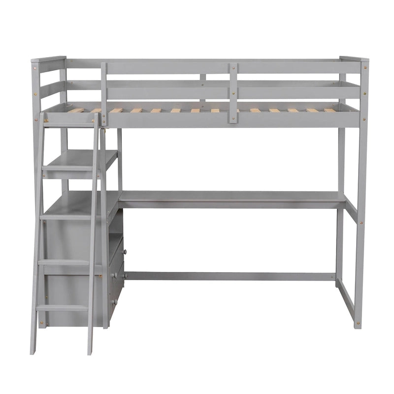 White Twin Loft Bed with Desk, Shelves and Drawers
