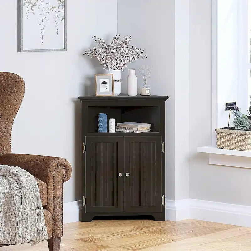 UTEX Corner Free Storage Cabinet, Bathroom Floor Corner Cabinet with Doors and Shelves for Bathroom, Kitchen, Living Room, White