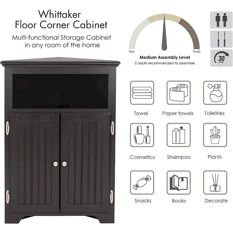 UTEX Corner Free Storage Cabinet, Bathroom Floor Corner Cabinet with Doors and Shelves for Bathroom, Kitchen, Living Room, White