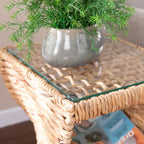 Natural Water Hyacinth Side Table - Twisted Base - Glass Top - 2 Shelves