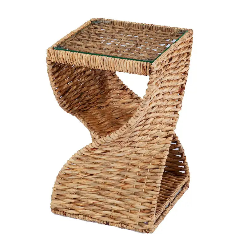 Natural Water Hyacinth Side Table - Twisted Base - Glass Top - 2 Shelves