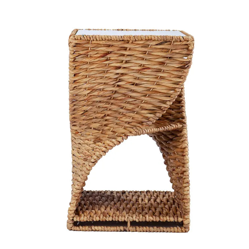 Natural Water Hyacinth Side Table - Twisted Base - Glass Top - 2 Shelves