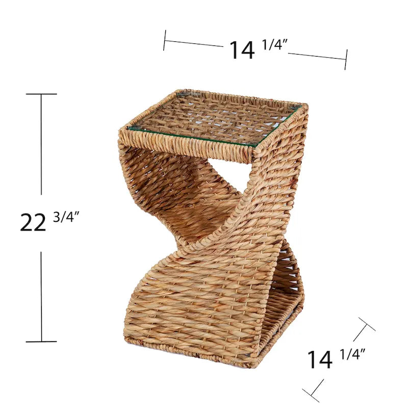 Natural Water Hyacinth Side Table - Twisted Base - Glass Top - 2 Shelves