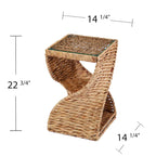 Natural Water Hyacinth Side Table - Twisted Base - Glass Top - 2 Shelves