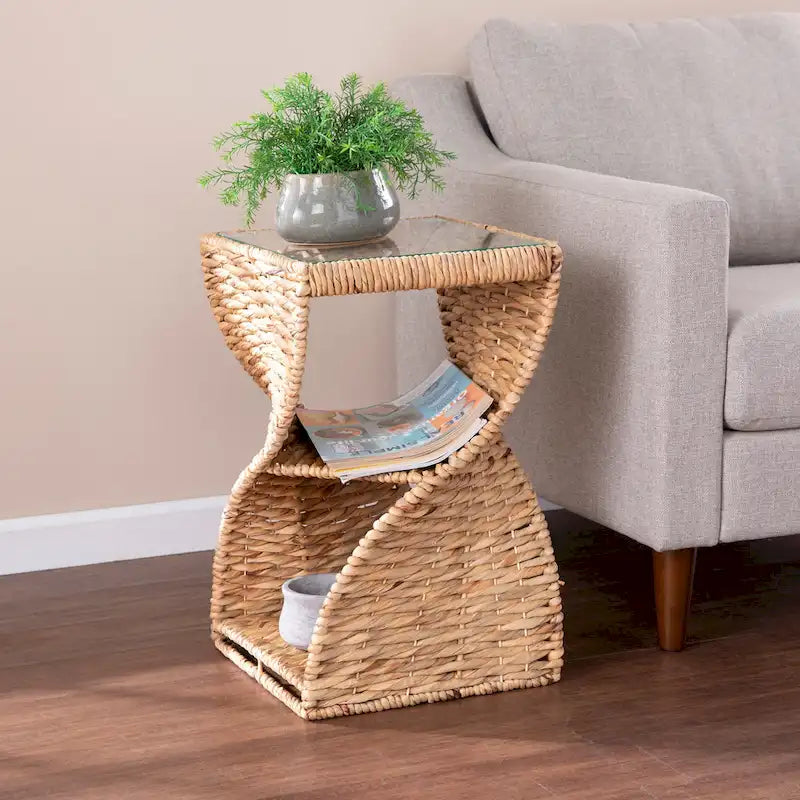 Natural Water Hyacinth Side Table - Twisted Base - Glass Top - 2 Shelves