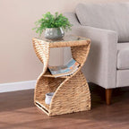 Natural Water Hyacinth Side Table - Twisted Base - Glass Top - 2 Shelves