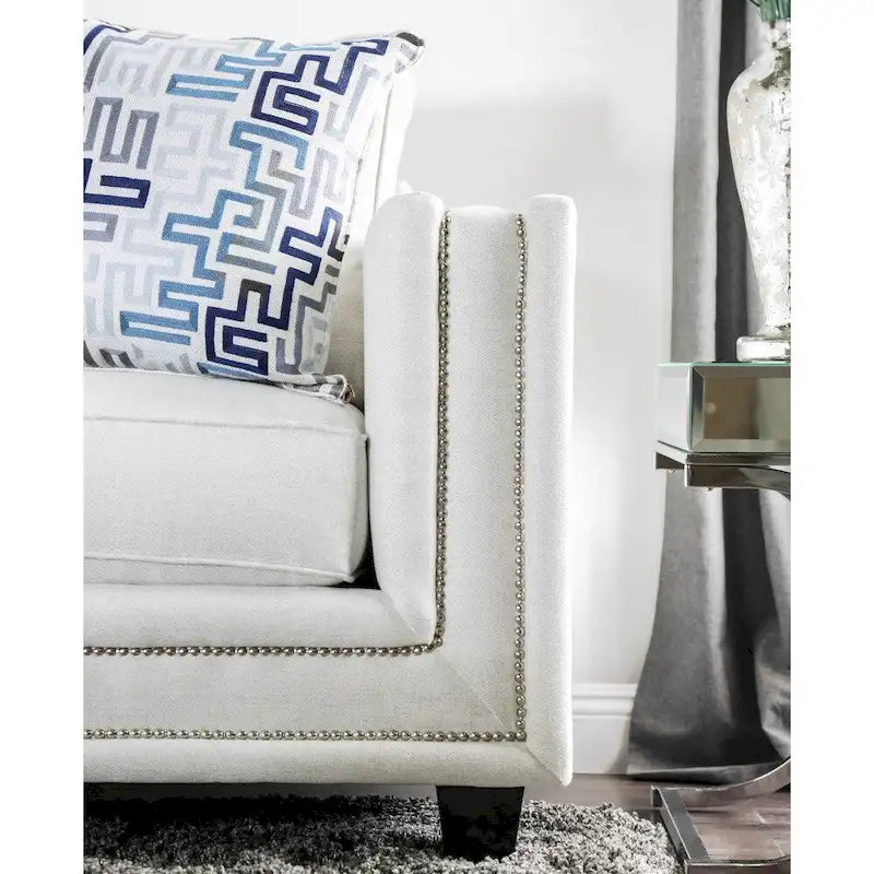 Tigg Contemporary White Chenille Nailhead Upholstered Sofa by