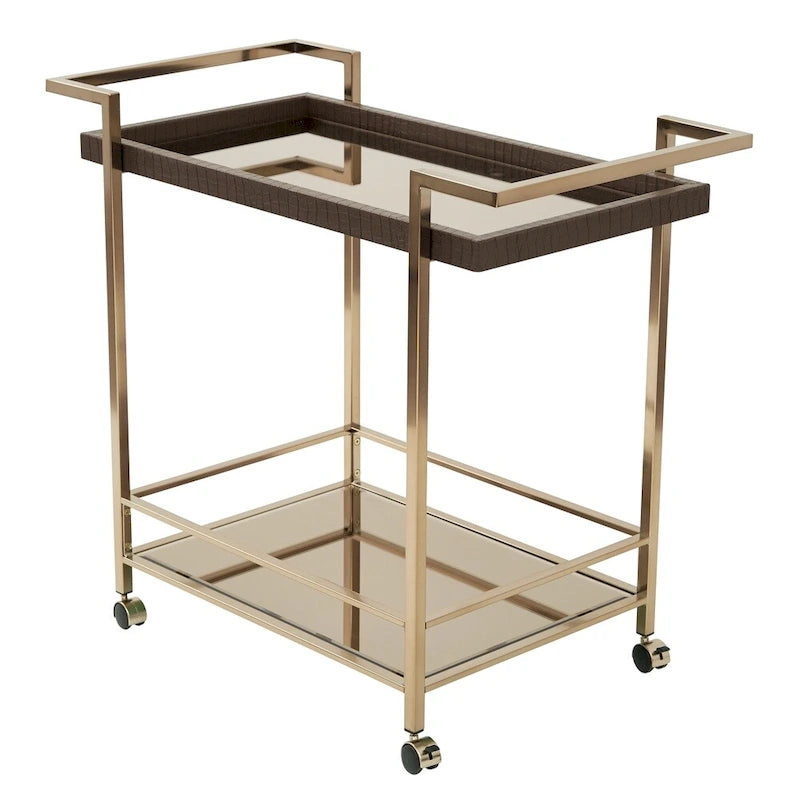 Isabella Champagne Metal Wine Cart With Glass Top