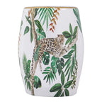 18 Inch Ceramic Accent Table, Drum Shape, Tropical Print, White, Green
