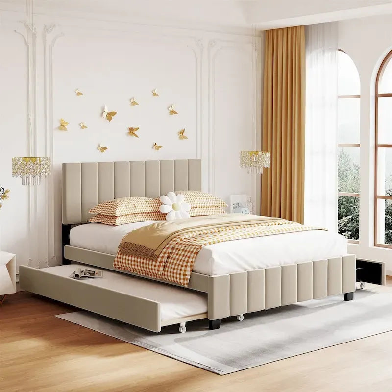 Merax Queen Size Velvet Upholstered Platform Bed with 2 Drawers and 1 Twin XL Trundle