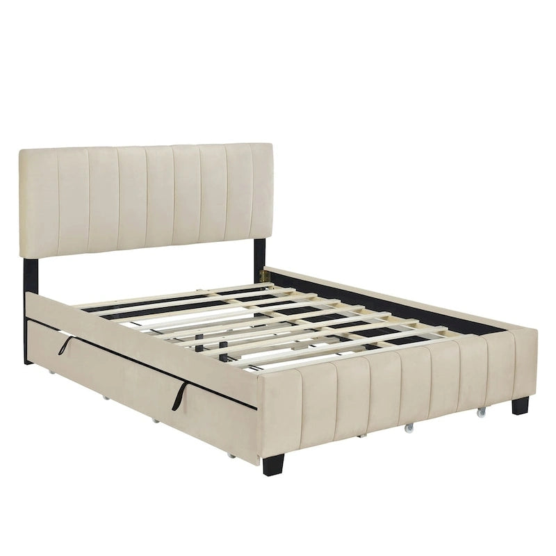 Velvet Queen Platform Bed - Tufted Headboard - 2 Drawers & Twin XL Trundle