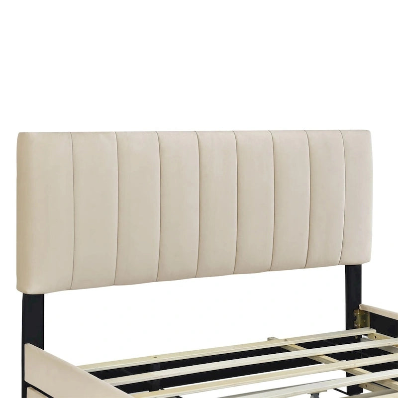 Velvet Queen Platform Bed - Tufted Headboard - 2 Drawers & Twin XL Trundle