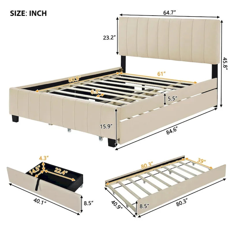 Velvet Queen Platform Bed - Tufted Headboard - 2 Drawers & Twin XL Trundle