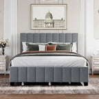 Velvet Queen Platform Bed - Tufted Headboard - 2 Drawers & Twin XL Trundle