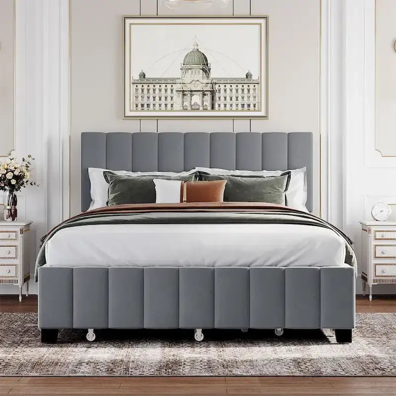 Velvet Queen Platform Bed - Tufted Headboard - 2 Drawers & Twin XL Trundle